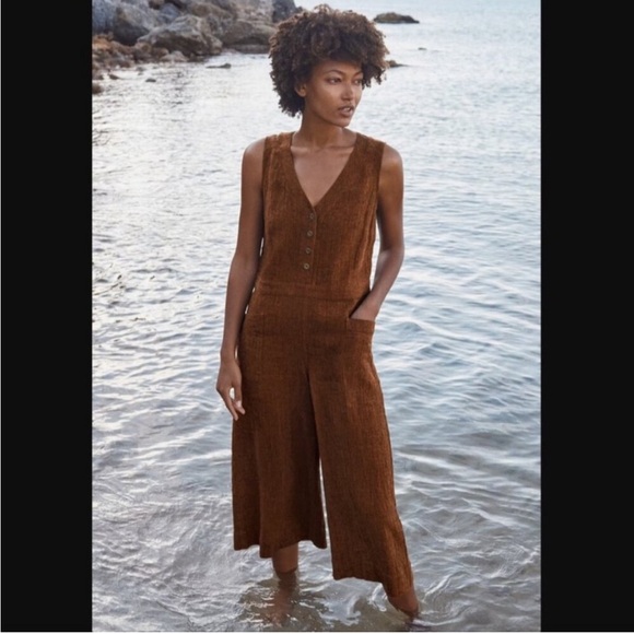 Poetry Linen Cotton Blend Textured Tank Jumpsuit Navy Blue US 6 Cargo Crop - Picture 4 of 9